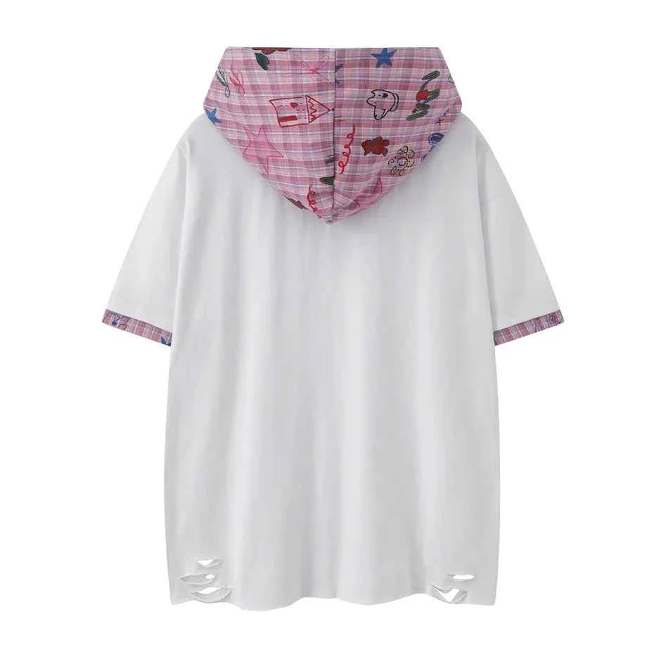 Graphic Print Hooded Short Sleeve Ripped T-Shirt