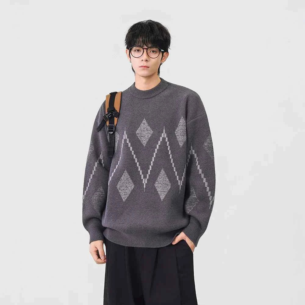 Cozy Argyle Knit Crew Neck Classic Sweater