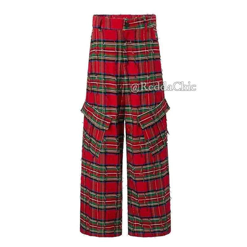 Durable Red Block Plaid Ripped Pants