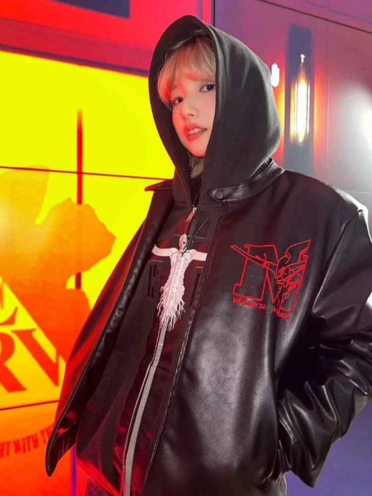 Y2K Stylish Gothic Retro Zipper Hooded Leather Jacket