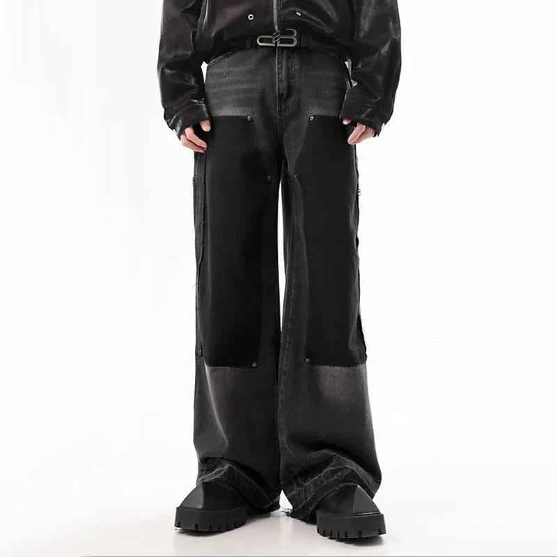Casual Retro Black Whiskers Baggy Jeans