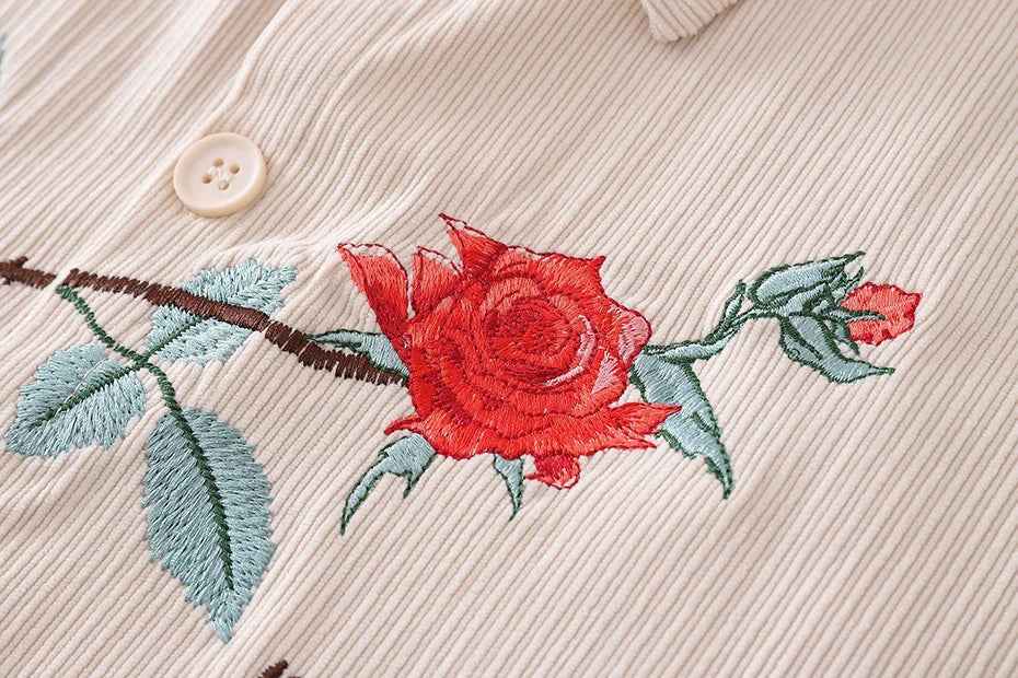 Rose Embroidery Corduroy Button-Up Short Sleeve Shirt