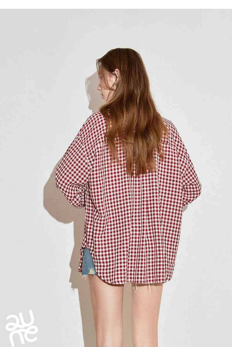 Women Plaid Retro Long Sleeve Blouse Shirt