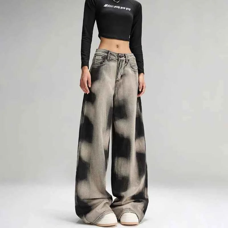 Women Vintage Grey Tie Dye Baggy Jeans