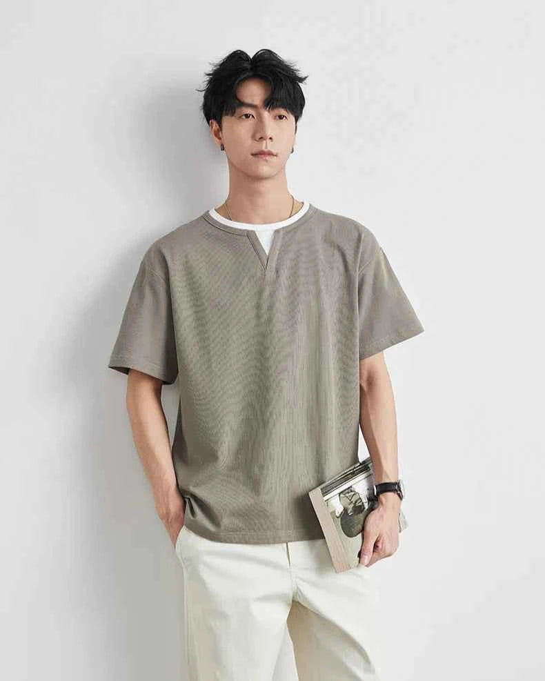 Korean Style Solid Color Loose Fit V-Neck T-Shirt
