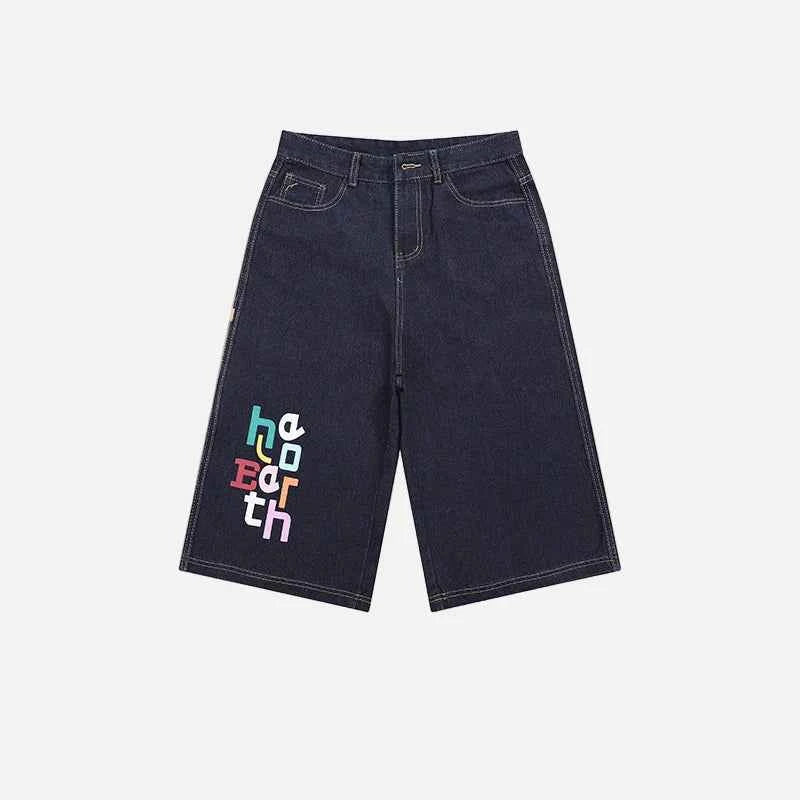 Vintage Letter Print Wide Leg Washed Denim Jorts