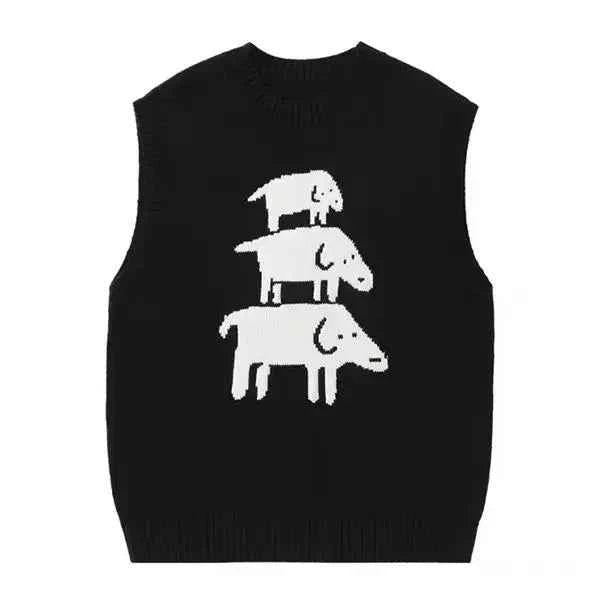Black Vintage Animal Print Oversize Sleeveless Sweater
