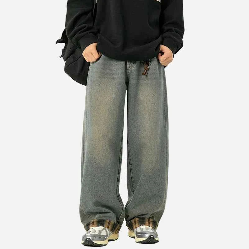 American Casual Plaid Patchwork Washed Jeans