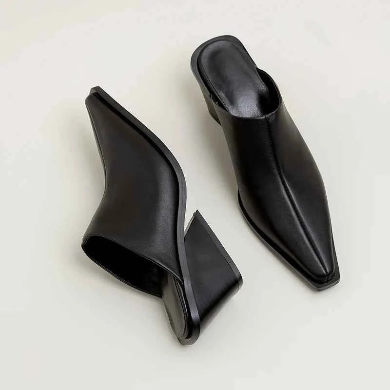 LUW "Executive-Edge" Genuine Leather Mules - Luxury Med-Chunky Heel Summer Wedges