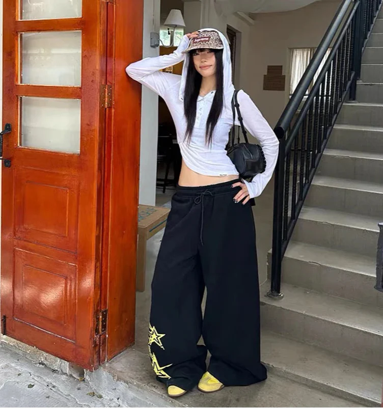 Premium Black Oversize Star Elastic Sweatpants - Luxuryurbanwear
