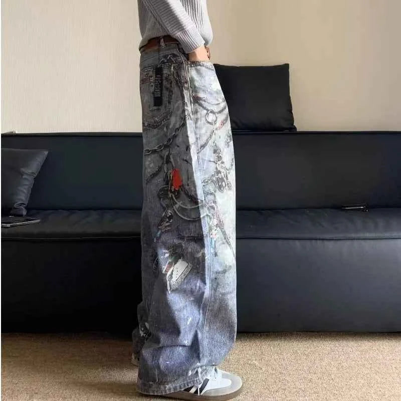 Retro Streetwear American Style Baggy Chain Jeans