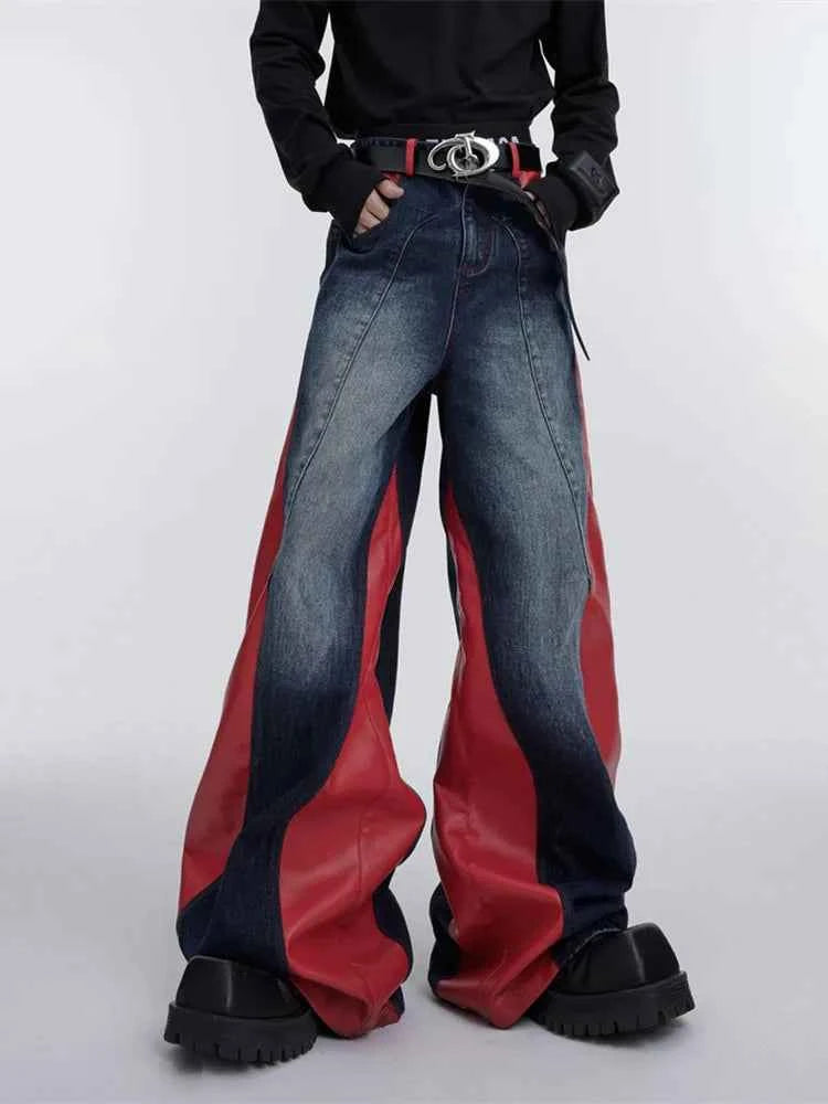 Streetwear Red Patchwork Baggy Wide Leg Jeans