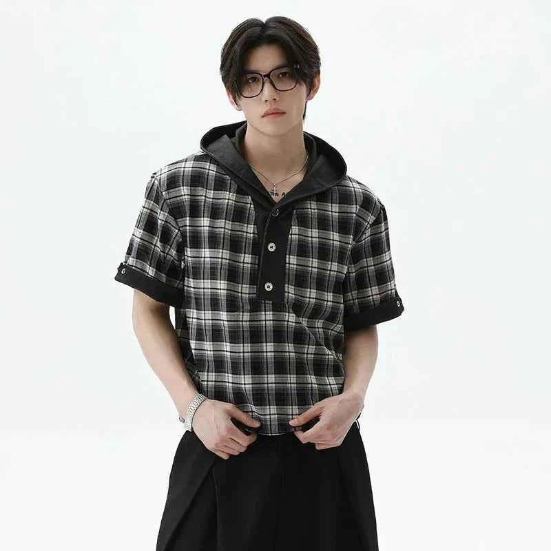 Effortless Plaid Button-Up Hooded T-Shirt