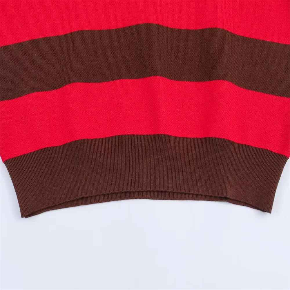 Insulated V-Neck Collar Striped Knit Polo Sweater