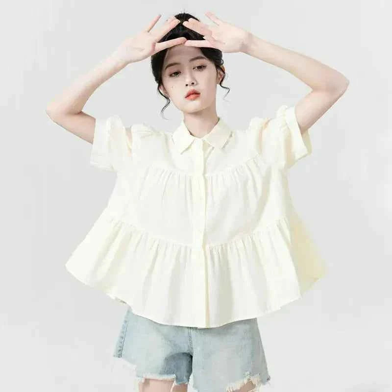 Women Japanes Style Sweet Summer Korean Loose Puff Shirt