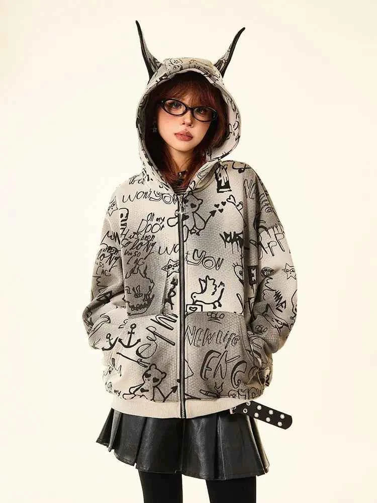 Women American Style Doberman Print Hooded Sweatshirt