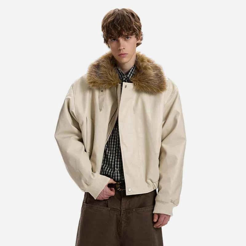 Luxury Faux Fur Lapel Leather Padded Jacket