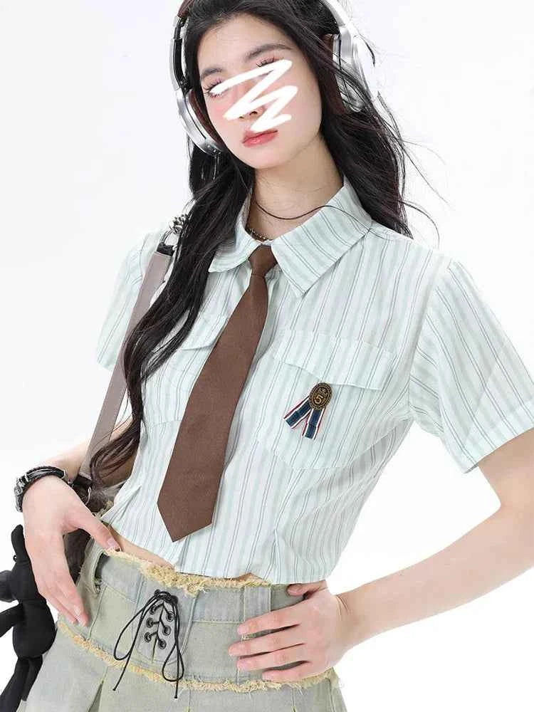 Y2K Women Streetwear Vintage Striped Tie Blouse Shirt