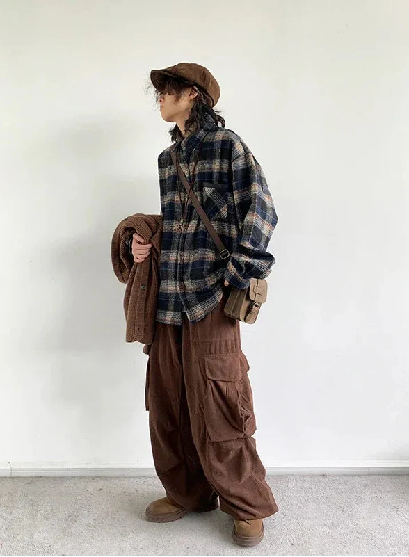 Y2K Cozy Plaid Woolen Long Sleeve Shirt - Luxuryurbanwear