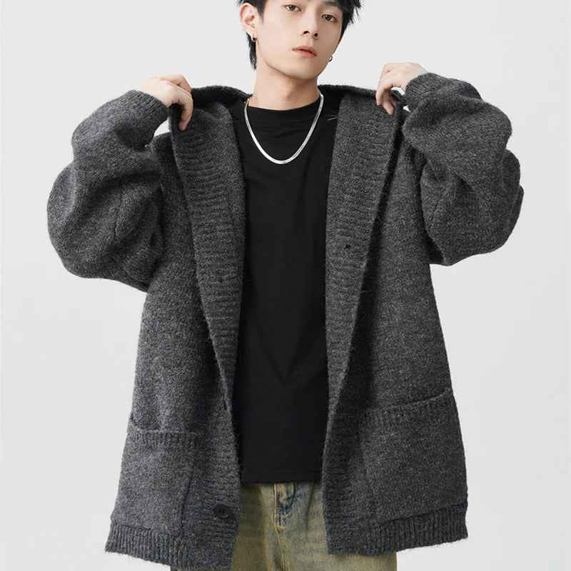 Men's Comfort Cozy Gray Knitted Hooded Cardigan