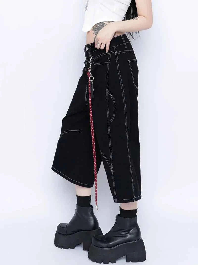 Patchwork Black Retro Wide Leg Jorts