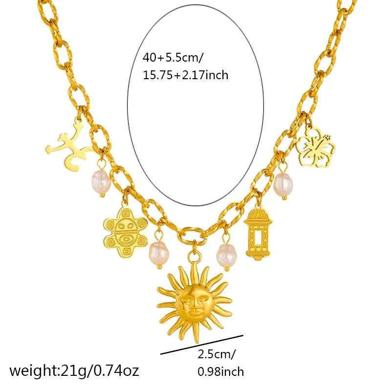 Golden Flower Pearl Sun Pendant Necklace