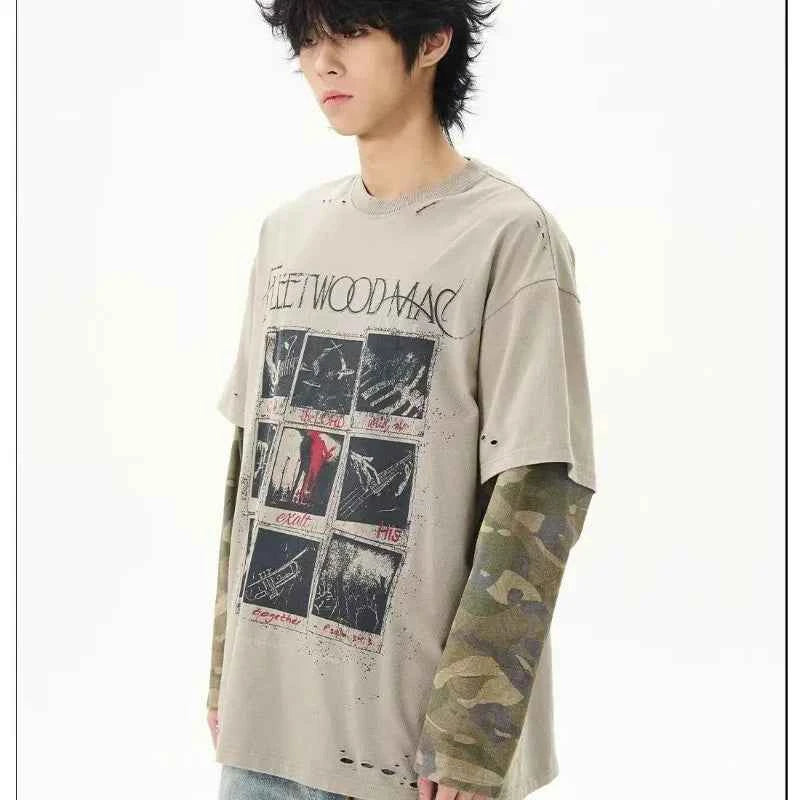 Retro Punk Camouflage Ripped Long Sleeve T-Shirt