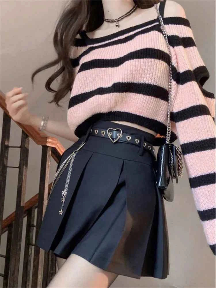 Striped Loose Knitted Cropped Sweater