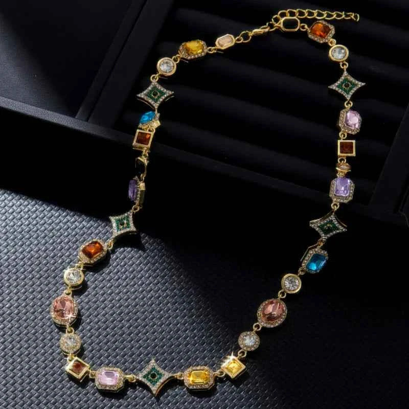 Colorful Zirconia Geometric Chain Necklace