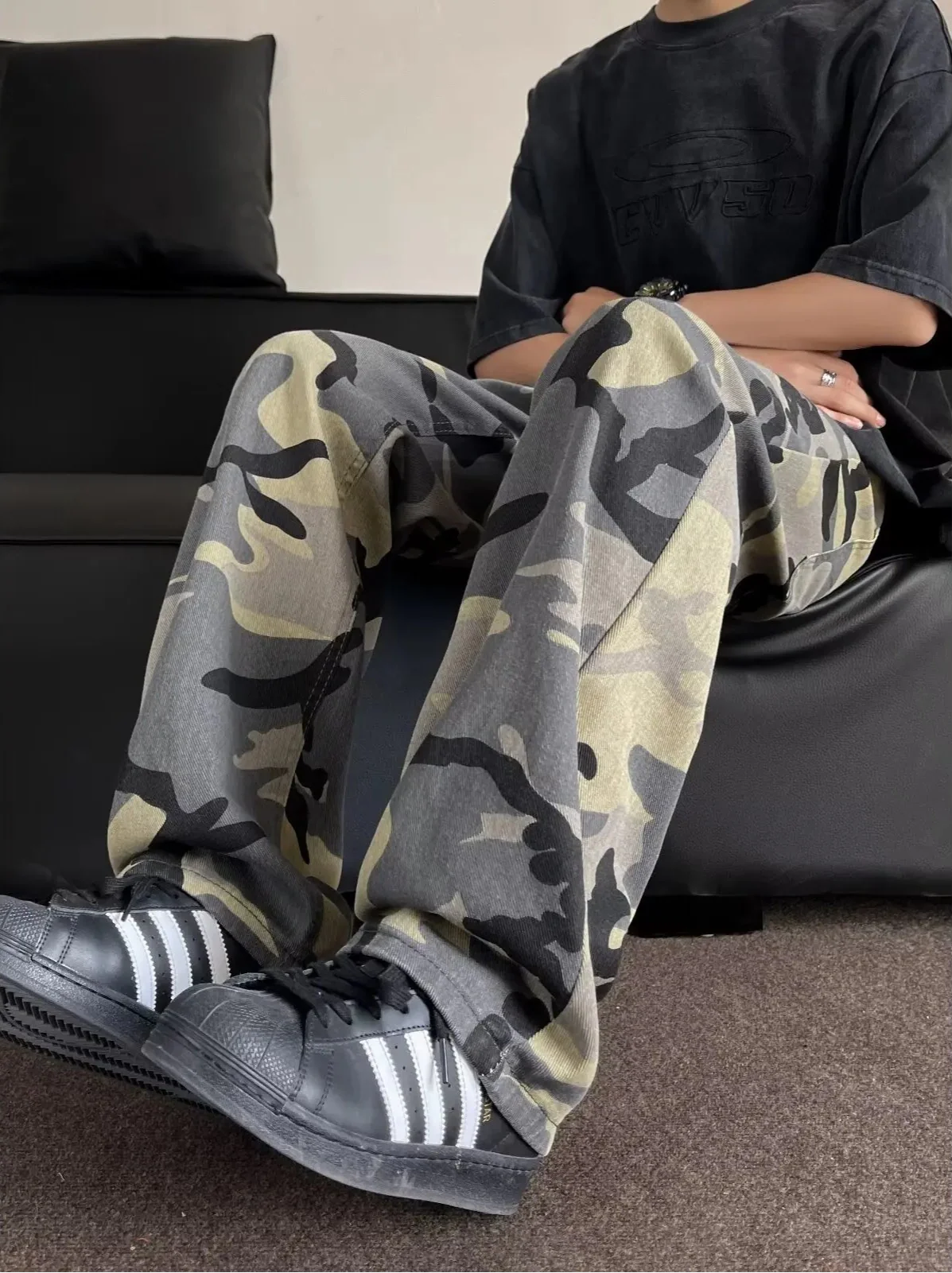 Vintage Streetwear Camouflage High Waisted Wide-Leg Jeans - Luxuryurbanwear