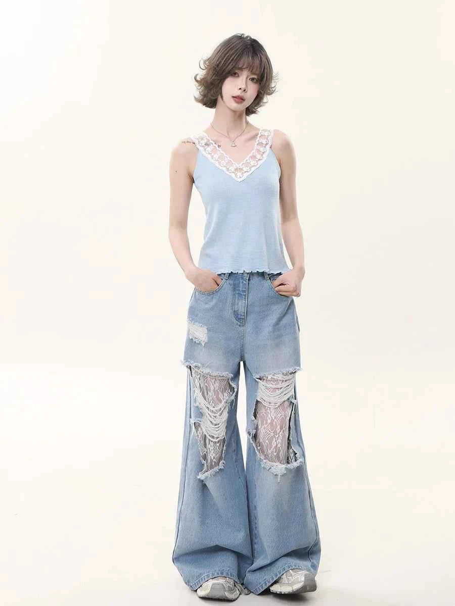 Women Vintage Lace Loose Fit Wide Jeans