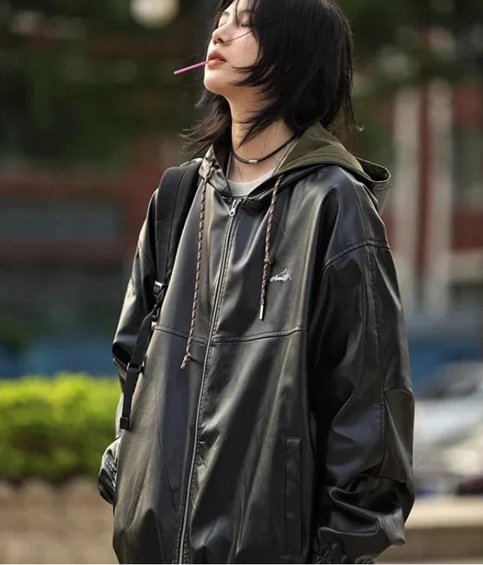 Chic Black PU Leather Hooded Zipper Jacket - Luxuryurbanwear