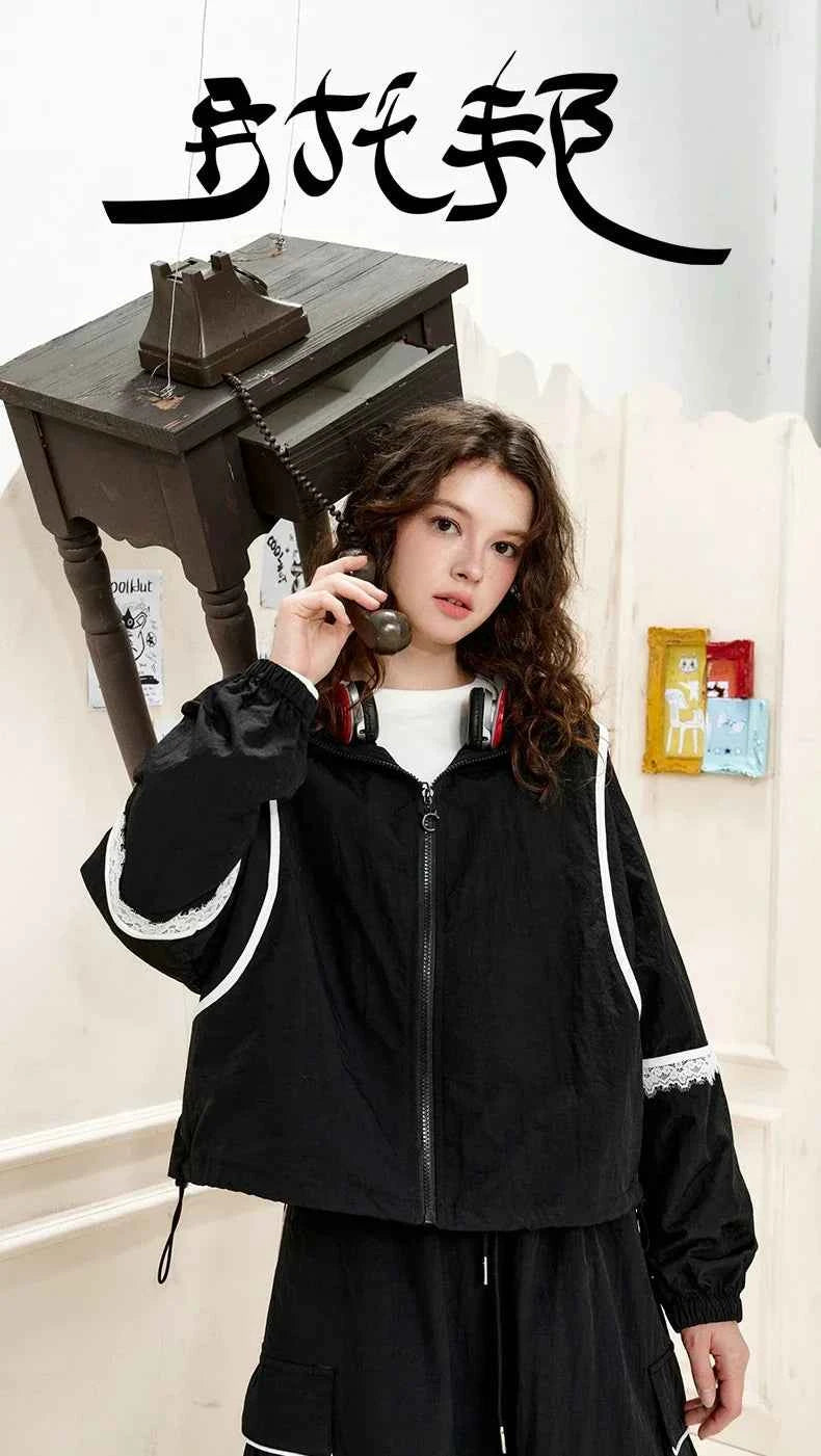 Stylish Lace Patchwork Hooded Windbreaker Jacket