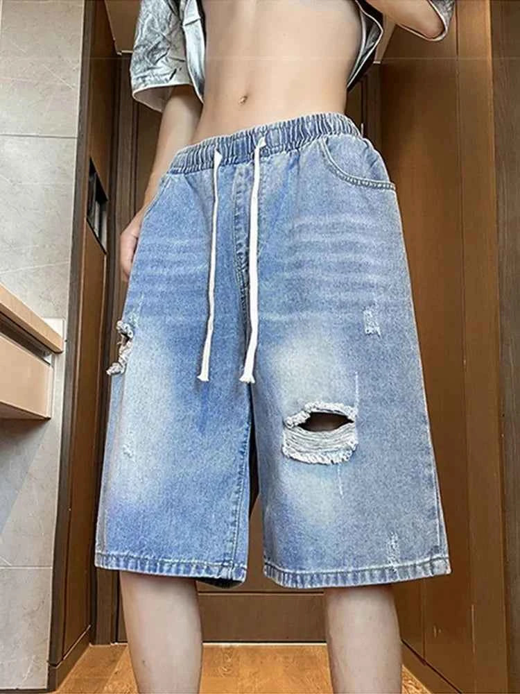 Men's Vintage Distressed Drawstring Denim Short