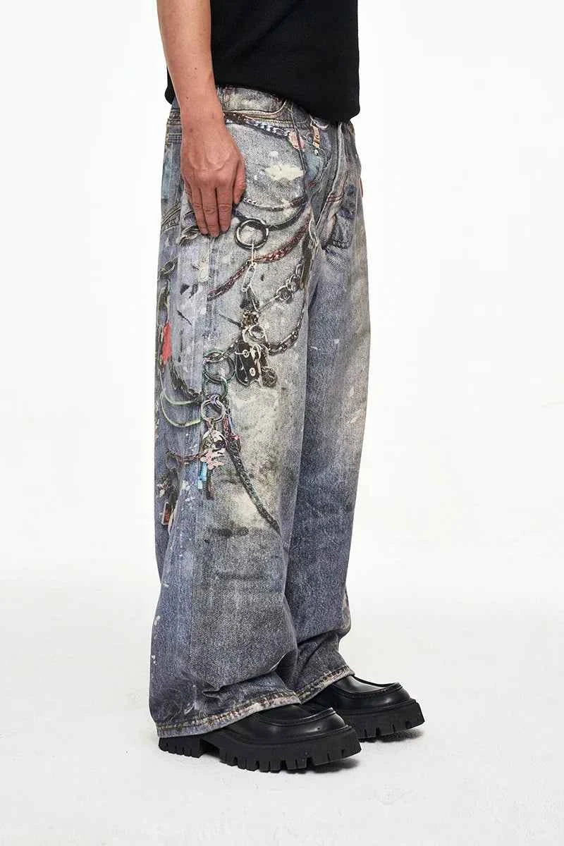 Elevated Luxury Loose Fit Digital Graffiti Jeans