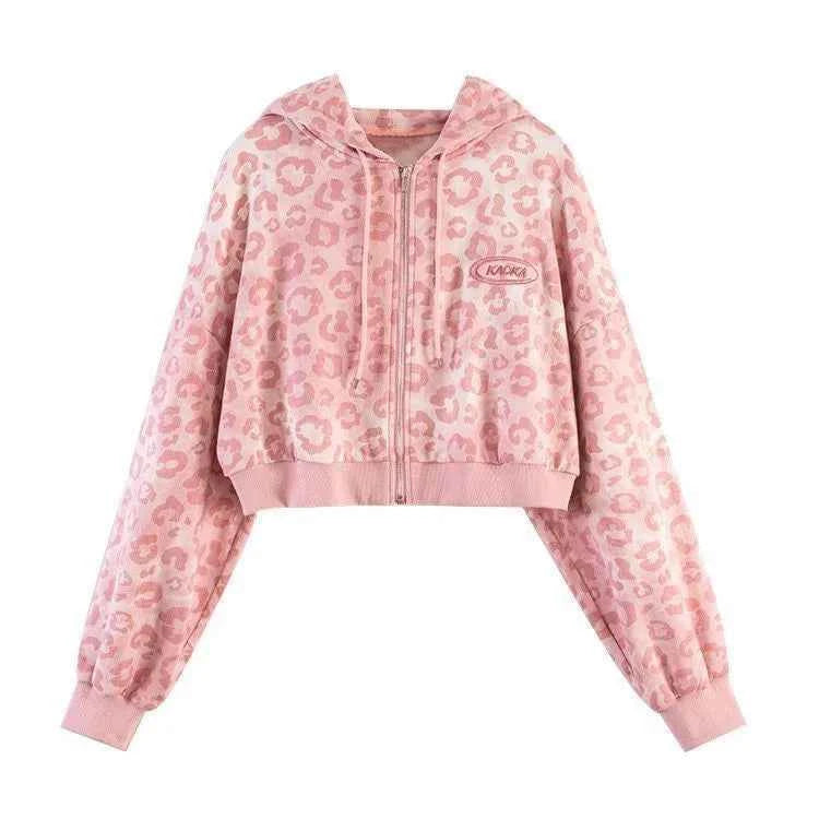 Y2K Pink Leopard Print Casual Sweatshirt