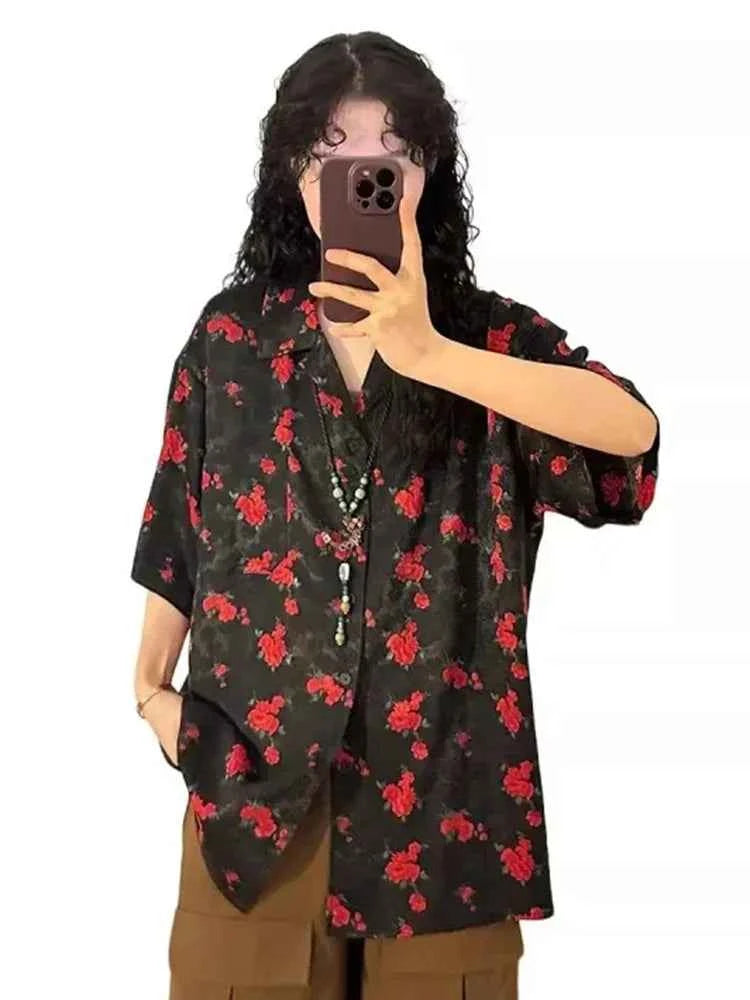 Women Vintage Japanes Style Flower Print Loose Blouse Shirt
