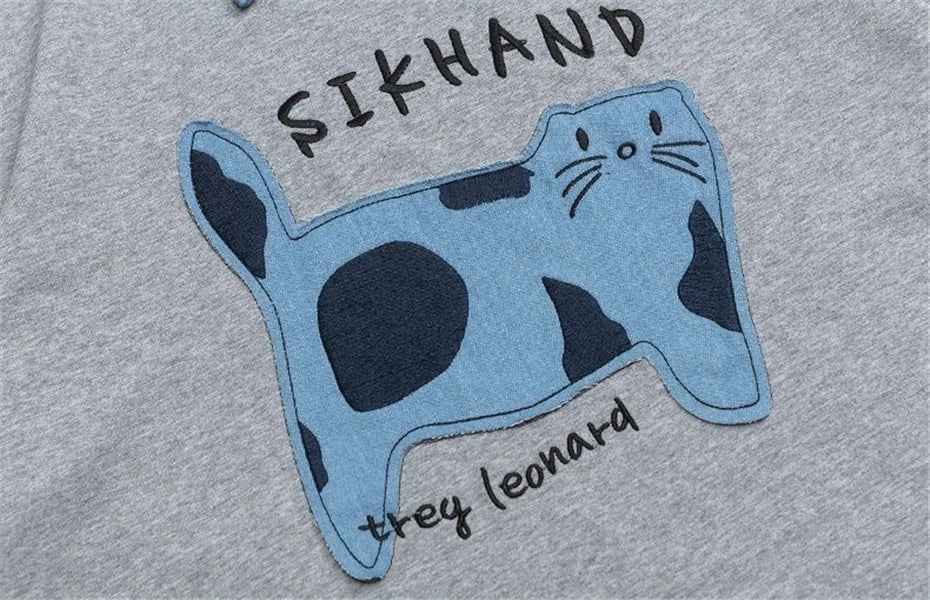 Embroidery Turn Down Collar Patch Cat Hip Hop T-Shirt