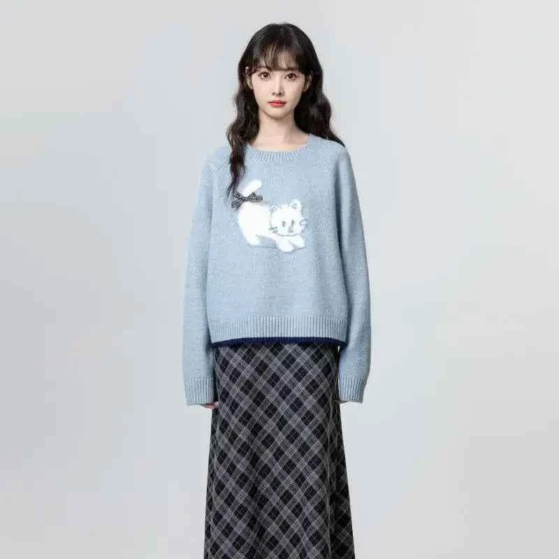 Women Retro Cute Blue Oversize Bow Sweater