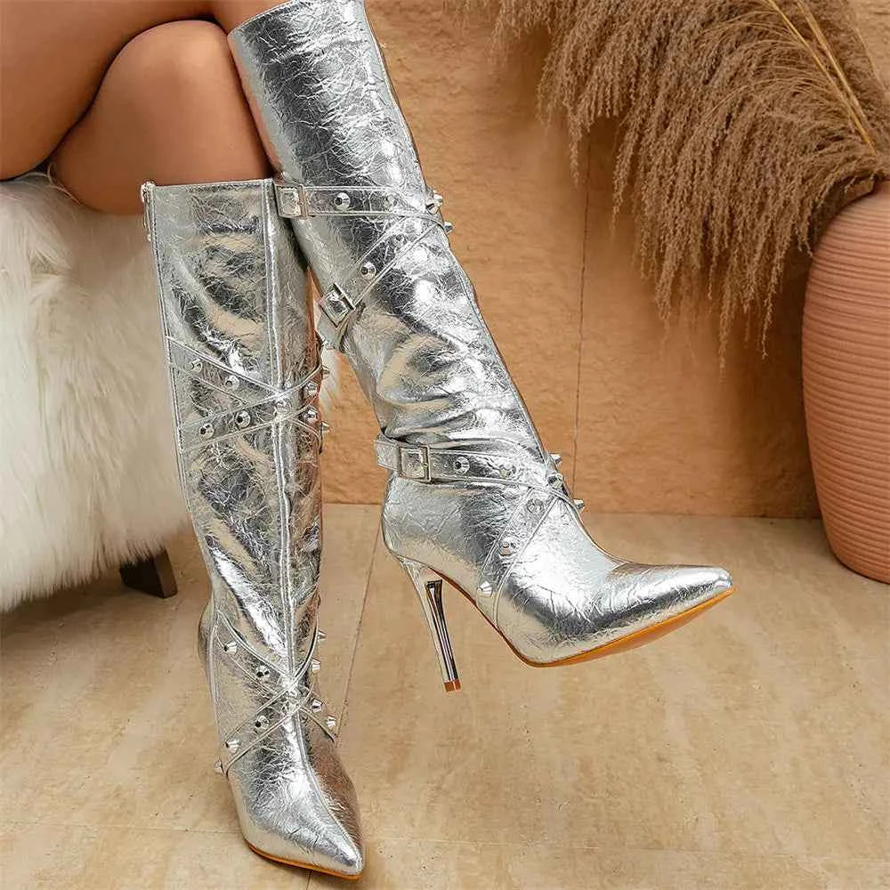 Rivet Thin High Heel Knee Zipper Boots
