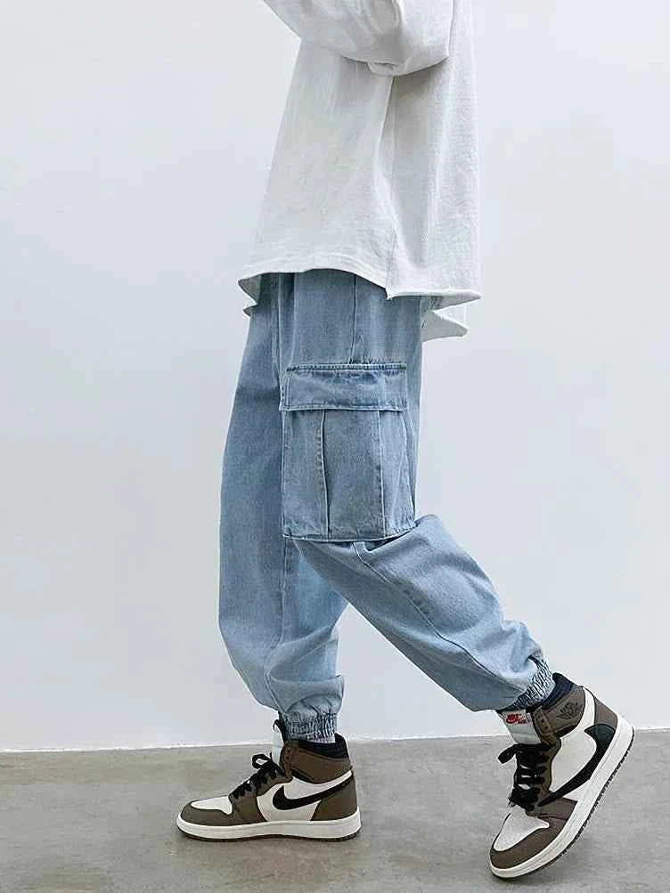 Baggy Streetwear Black Denim Cargo Jeans