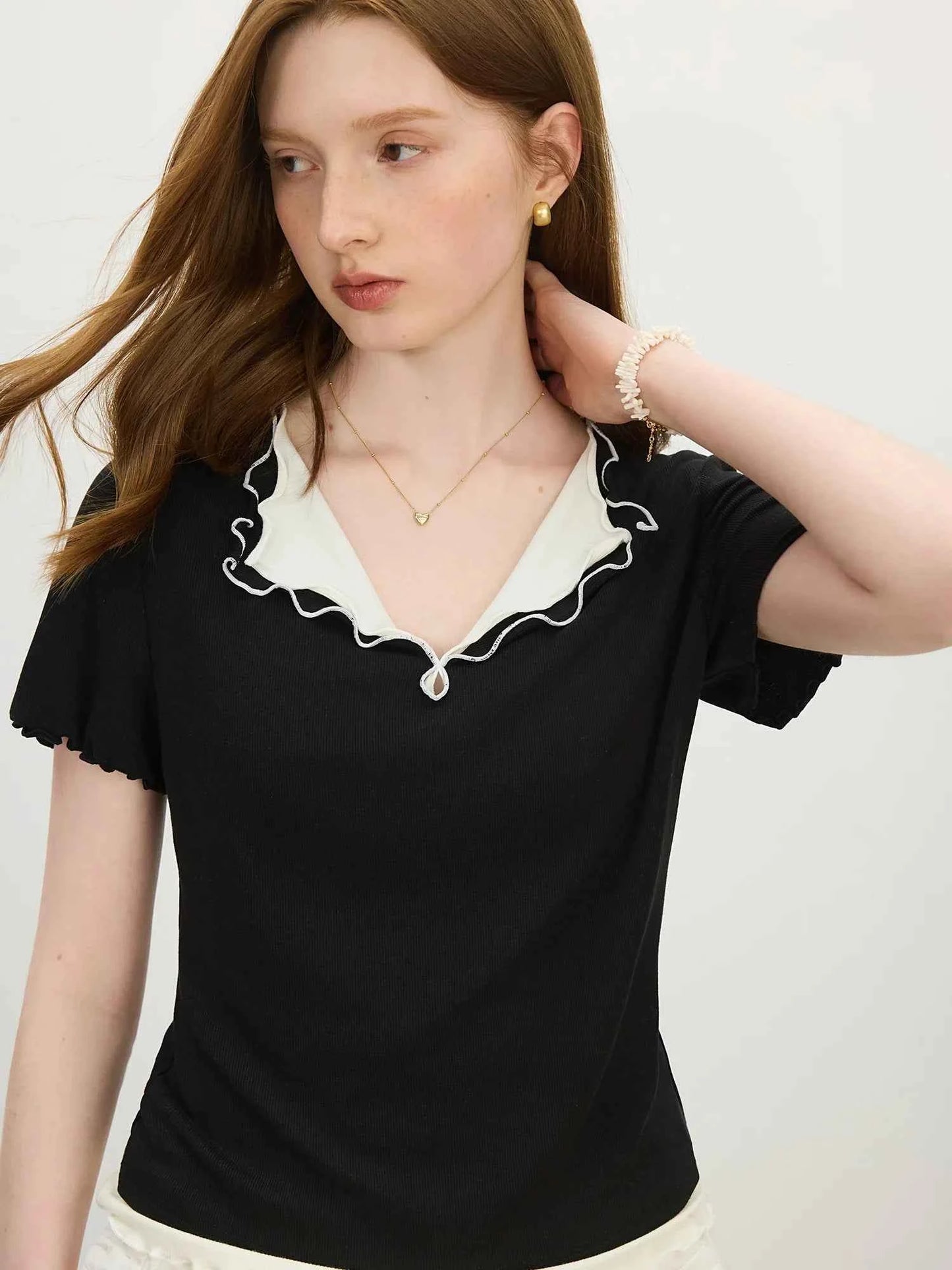 Layered Knit Lapel Short Sleeve T-Shirt