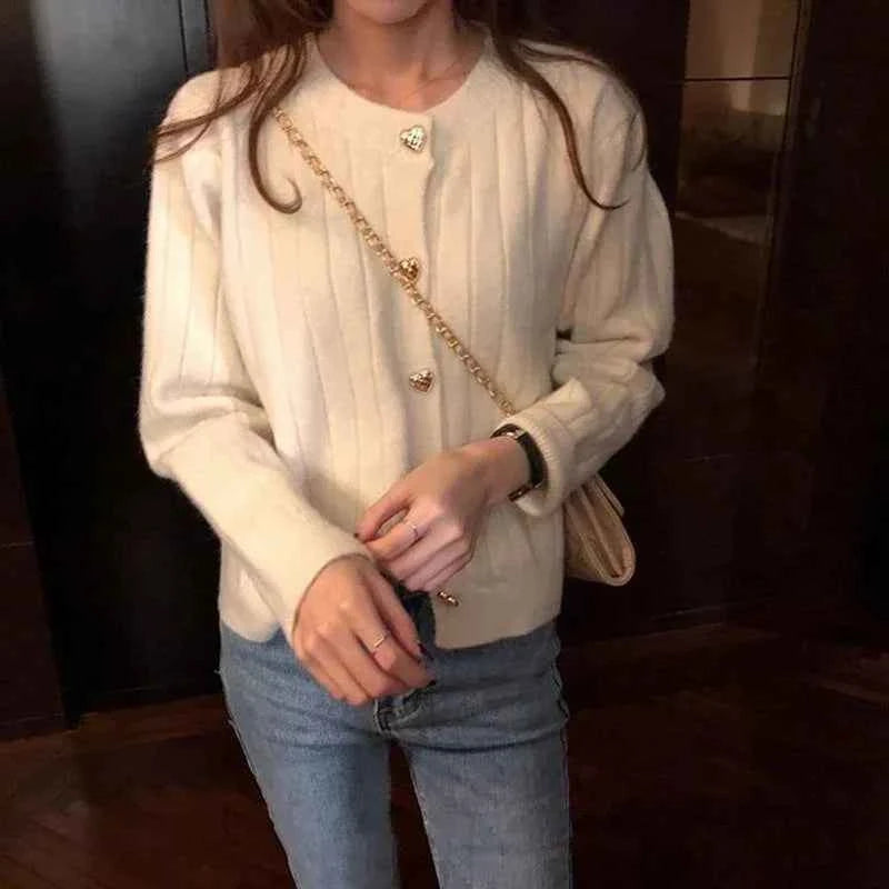 Women Classic Burgundy Knit with Heart Button Cardigan
