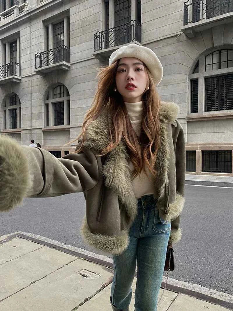 Women Classic Warm Faux Suede Zipper Leather Jacket