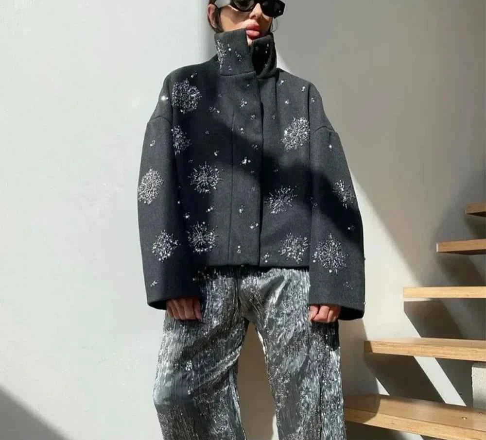 Relaxed Diamond Spliced Loose Stand Neck Jacket