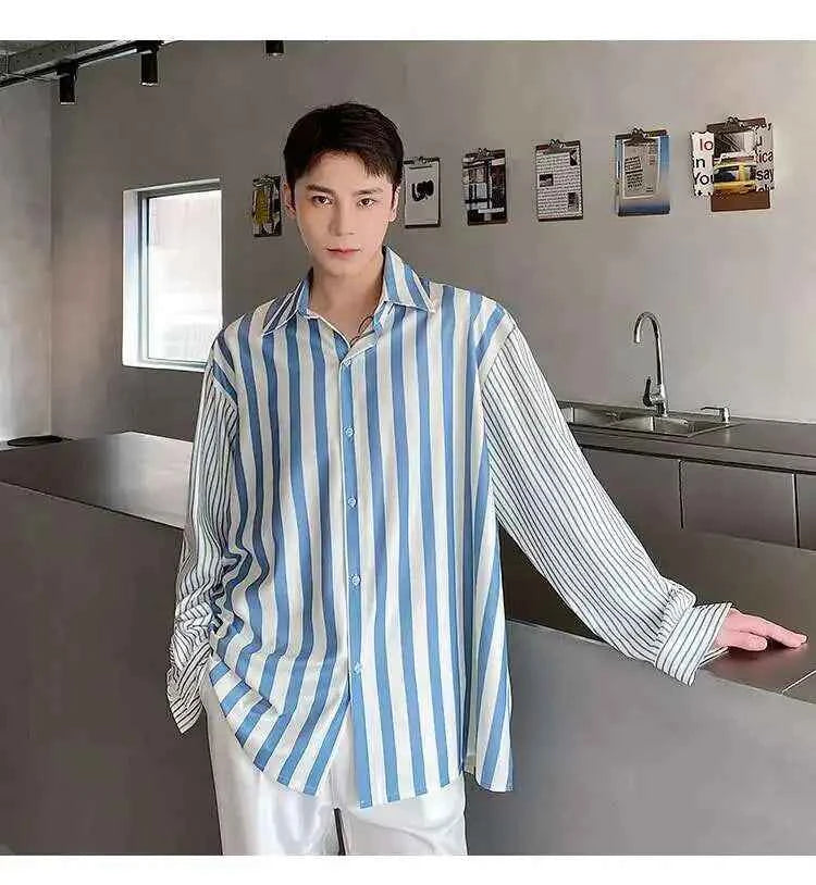 High-Quality Satin Stripe Splicing Long Sleeve Shirt