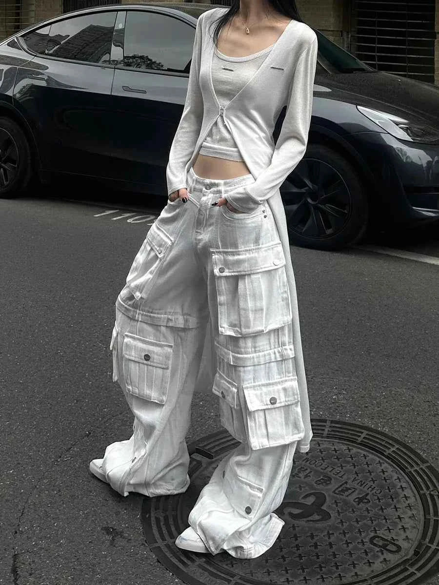 Women Edgy White Cargo Denim Jeans