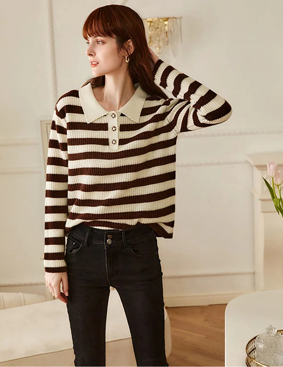 Cozy Button-Up Knitted Striped Polo Sweater - Luxuryurbanwear