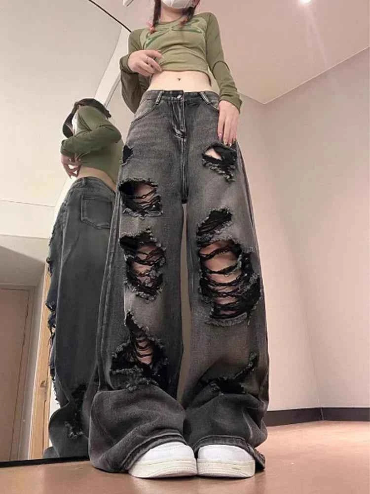 Vintage Oversize Cutting Ripped Denim Jeans