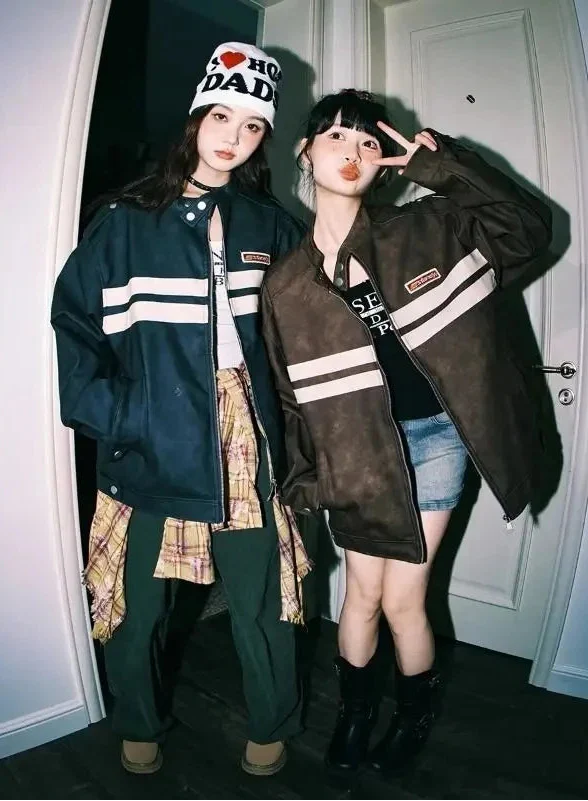 Streetwear Y2K Colorful Retro Striped Leather Jacket - Luxuryurbanwear